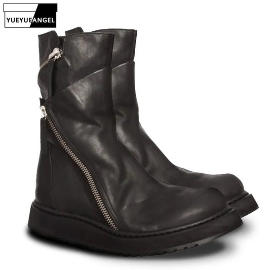 Italian New Designer Men Zipper Punk Genuine Leather Boots Fashion Thick Platform Ankle Botas Motorcycle Biker High Top Shoes