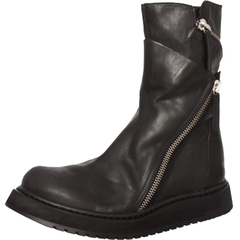 Italian New Designer Men Zipper Punk Genuine Leather Boots Fashion Thick Platform Ankle Botas Motorcycle Biker High Top Shoes