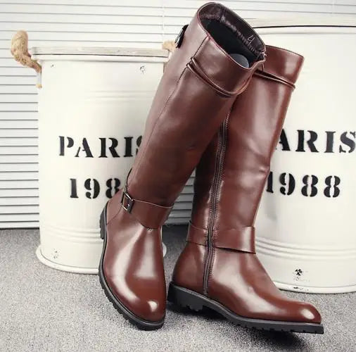 Leather Boots Fur High Top Casual Shoes Men Male Boots over the knee Botas Brand Motorcycle Boots