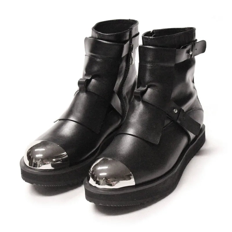 Mens Winter Med Heels Steel Toe Ankle Boots Motor Biker  Shoes Straps Nature Leather Runway Male High Top Platform Shoes