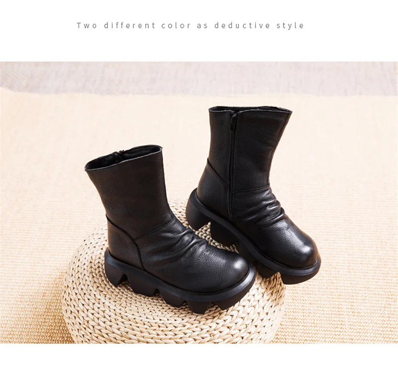 BEYARNE Ankle Boots Women Genuine Cow Leather Platform Bootie Side Zipper Soft Comfortable Autumn Winter Ladies Shoes Handmade