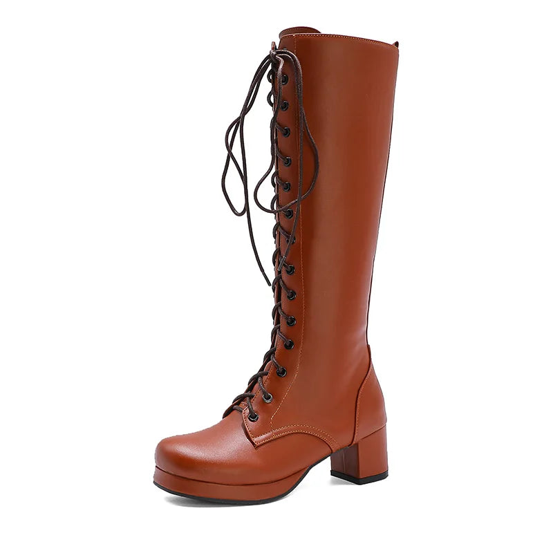 Gdgydh 2022 Autumn Lace-Up Women Motorcycle Boots Square To Low Heels Knee High Boots Winter Female Footwear Plus Large Size