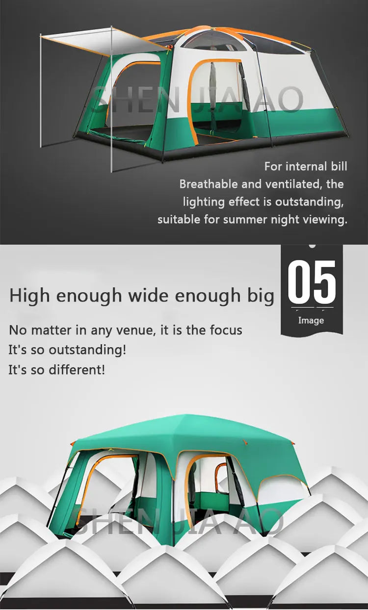Outdoor Double Deck Two Bedrooms And Four Seasons Camping Waterproof Tent 8-12 People Picnic Large Space Camping Tent