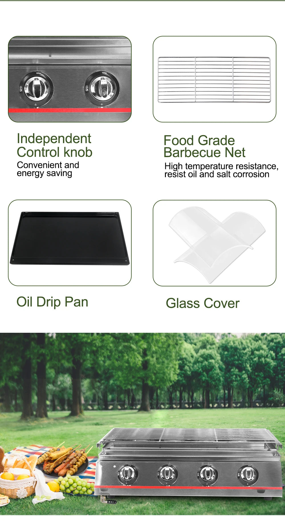 Smokeless LPG Grill 4 Burners Gas BBQ Stove Barbecue Tools For Outdoors Ceramic Burners With Stainless Steel or Glass Covers