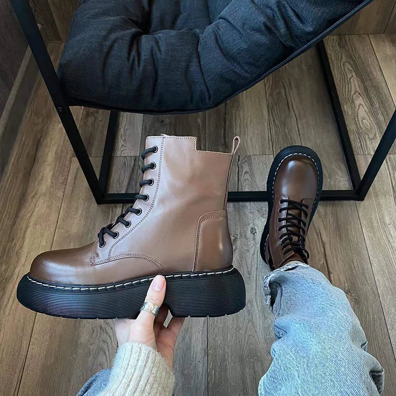 BeauToday Ankle Boots Women Cow Leather Platform Side Zipper Cross-tied Lace Sewing Female Autumn Shoes Handmade 04490