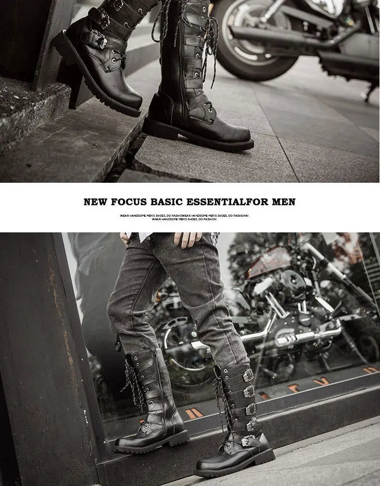 Men's PU Leather Motorcycle Boots High Over the Knee  Boots Gothic Belt Punk Boots Men Shoes Boot