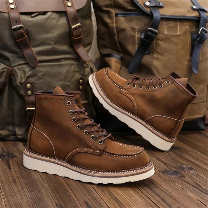 1907 Vintage Unisex Men Shoes Ankle Boots Handmade Autumn Winter Cow Leather Shoes Wings Round Toe Tooling Motorcycle Boots
