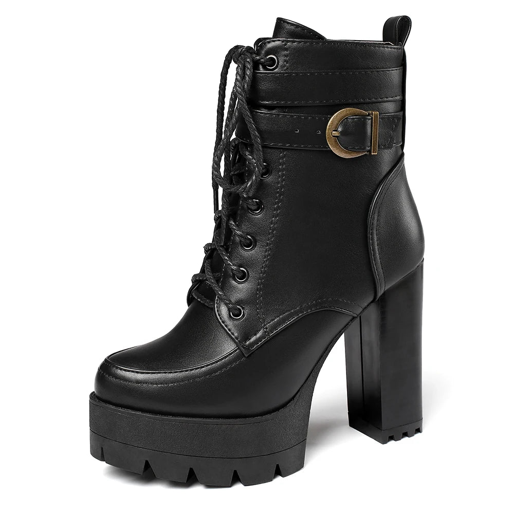 Black Platform Combat Ankle Boots For Women Round Toe Buckle Strap Woman Lace Up Shoes Winter Biker Boot Motorcycle Bottes 41 42