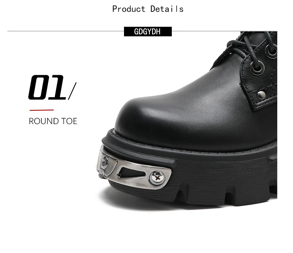 Gdgydh Darkness Punk Style Platform Women Ankle Boots Chunky Heel Black Metal Decor Women's Motorcycle Boots Lace UP Top Quality
