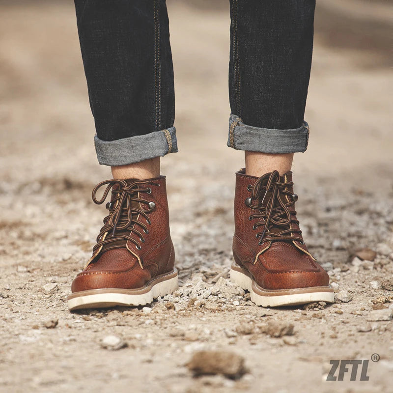 ZFTL Men's Boots Cowhide Thick-soled boots retro British Outdoor Tooling shoes Ankle Boots Male Casual Lace up boots 2025