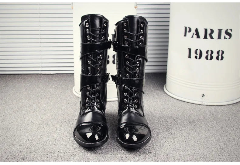 British style mens fashion party nightclub motorcycle boots black genuine leather shoes personality high boot long botas hombre