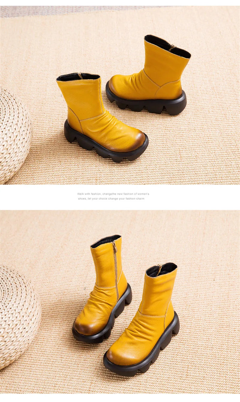 BEYARNE Ankle Boots Women Genuine Cow Leather Platform Bootie Side Zipper Soft Comfortable Autumn Winter Ladies Shoes Handmade