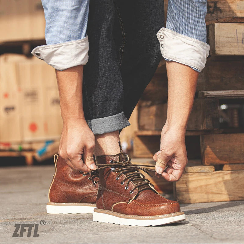ZFTL Men's Boots Cowhide Thick-soled boots retro British Outdoor Tooling shoes Ankle Boots Male Casual Lace up boots 2025