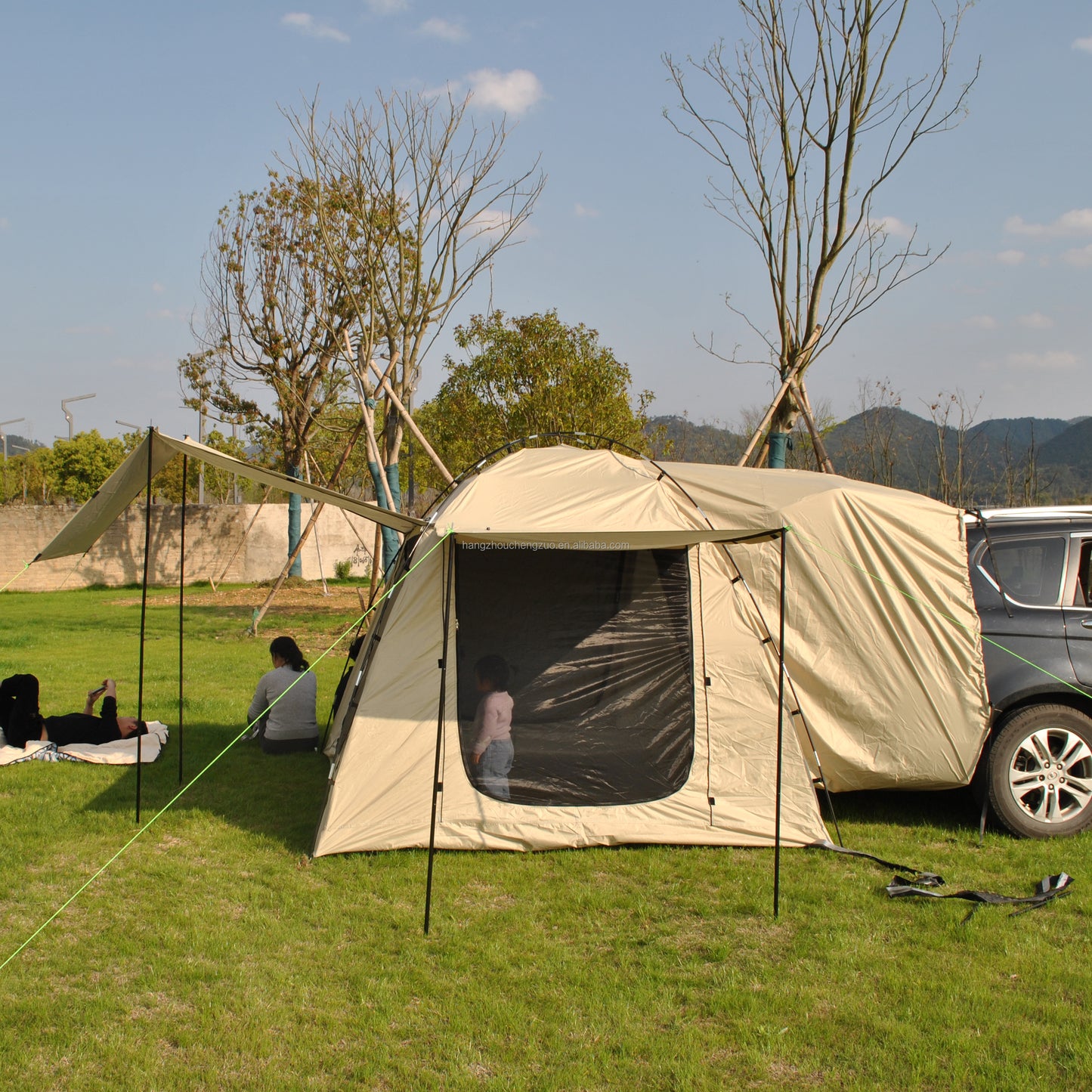 Car Rear Tent with Large Awning, Rear Tailgate Tents with Floor, 4 Person Family Camping, PU4000 Waterproof Fabric