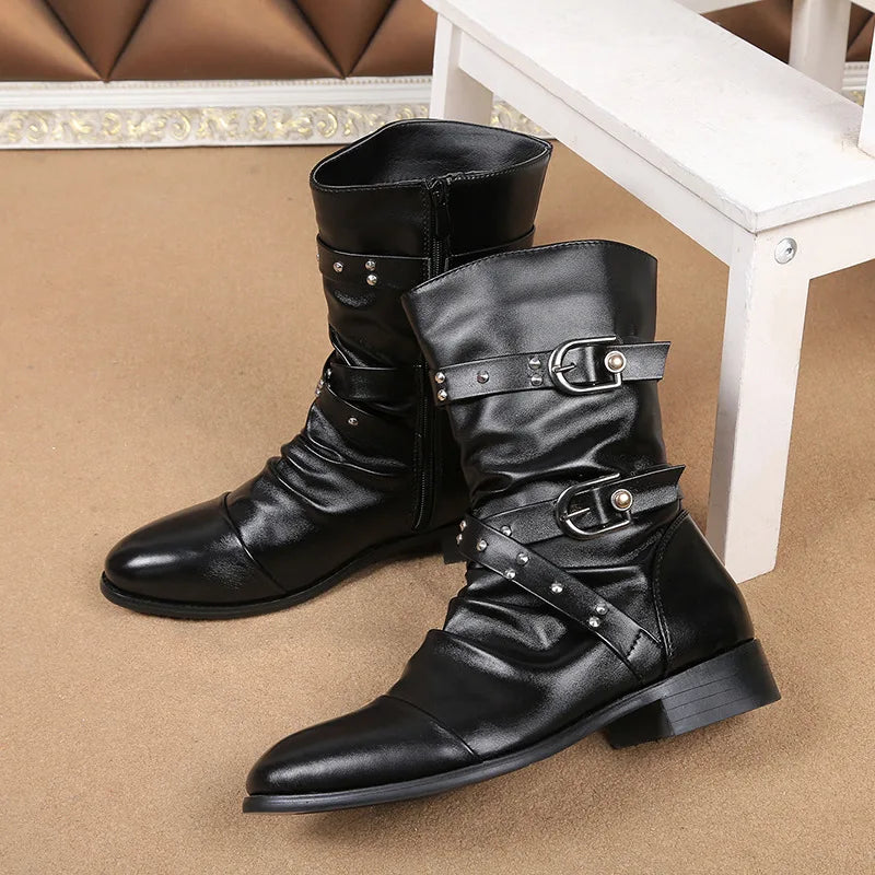 mens casual steampunk motorcycle mid-calf long boots buckle cow leather shoes youth high boot outdoors botas militares sapatos