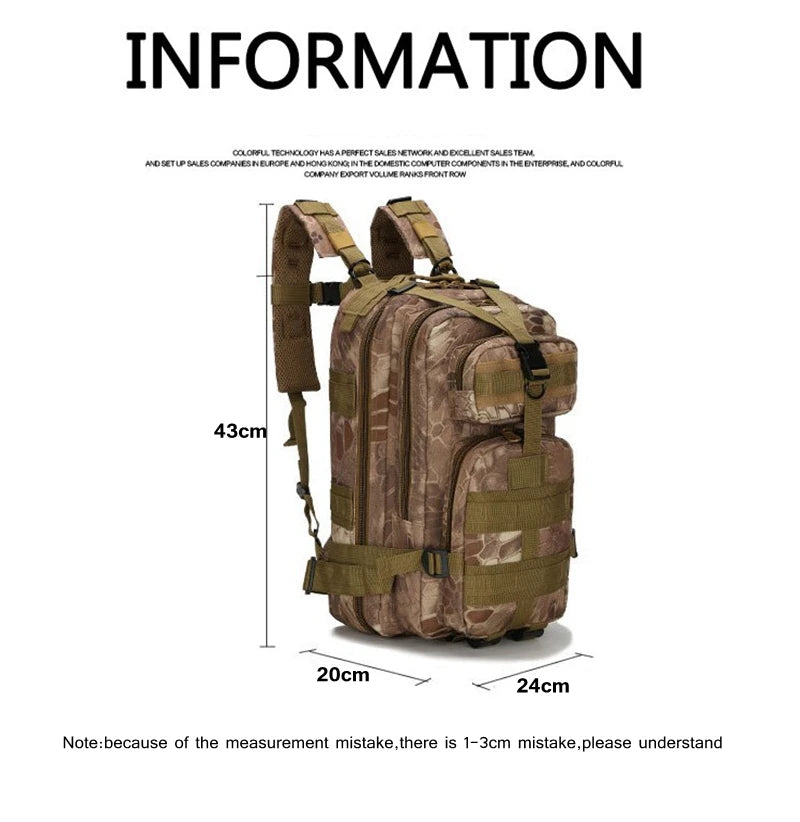25L Tactical Backpack 3P Combat  Army Outdoor Sports Bag Rucksack Women Men Camping Hiking Climbing Molle Bags