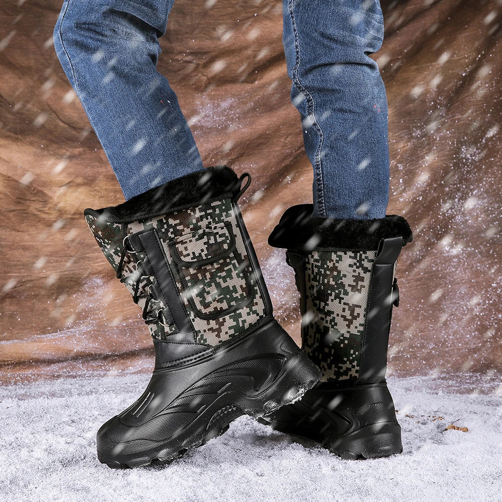 New Winter Camouflage Snow Men Boots Rain Shoes Outdoor Waterproof With Fur Plush Warm Male Casual Mid-Calf Work Motorcycle Boot
