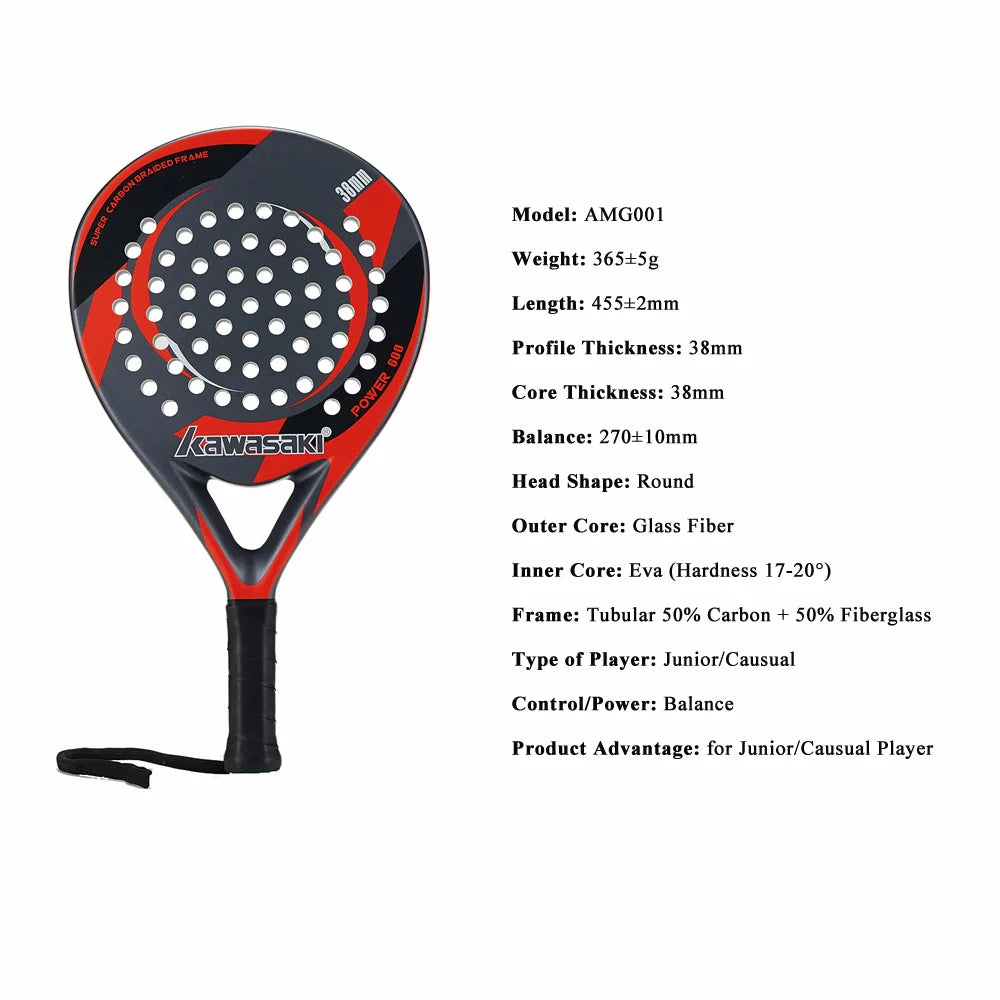 Kawasaki Brand Padel Tennis Carbon Fiber Soft EVA Face Tennis Paddle Racquet Racket with Padle Bag Cover Power 600