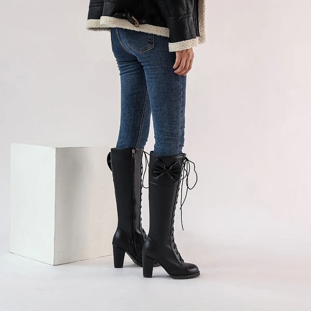 Winter Sweet Women Knee High Boots PU Leather Round Toe 7cm High Block Heels Bowtie Lace-up Lolita Lady Zipper Long Riding Boots