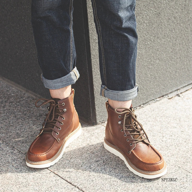 Handmade Men Boots Vintage Casual Autumn Winter Cow Leather Shoes British Ankle Boots Wings Motorcycle Boots Zapatos Hombre