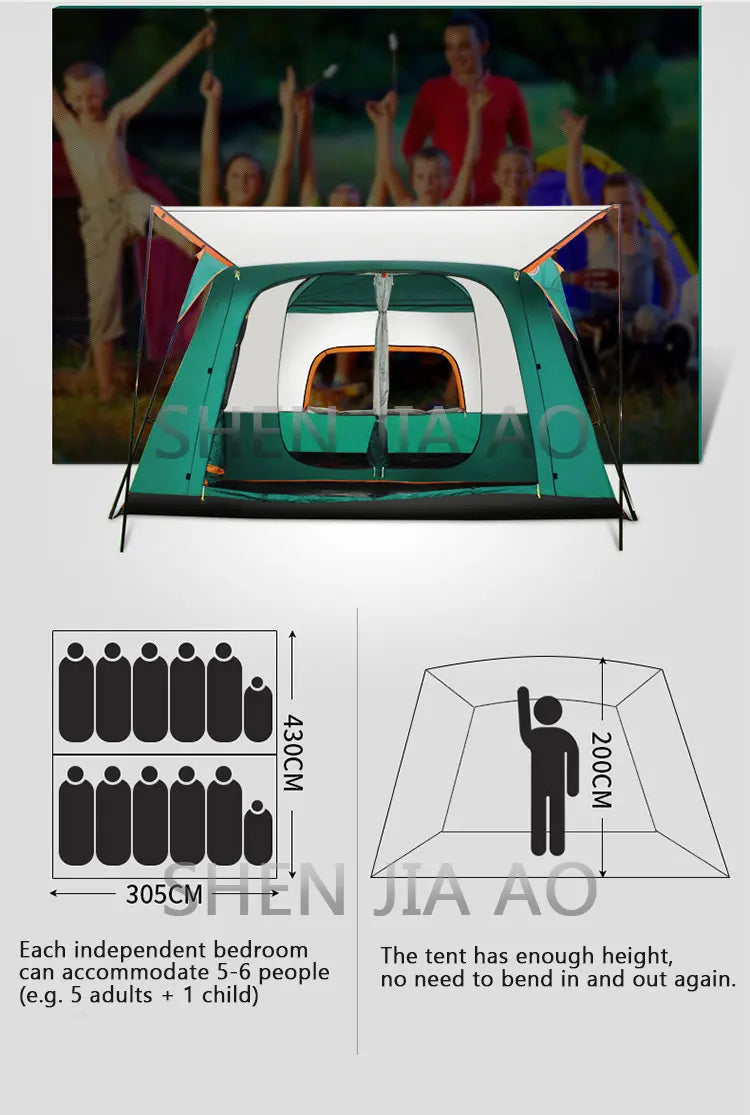 Outdoor Double Deck Two Bedrooms And Four Seasons Camping Waterproof Tent 8-12 People Picnic Large Space Camping Tent