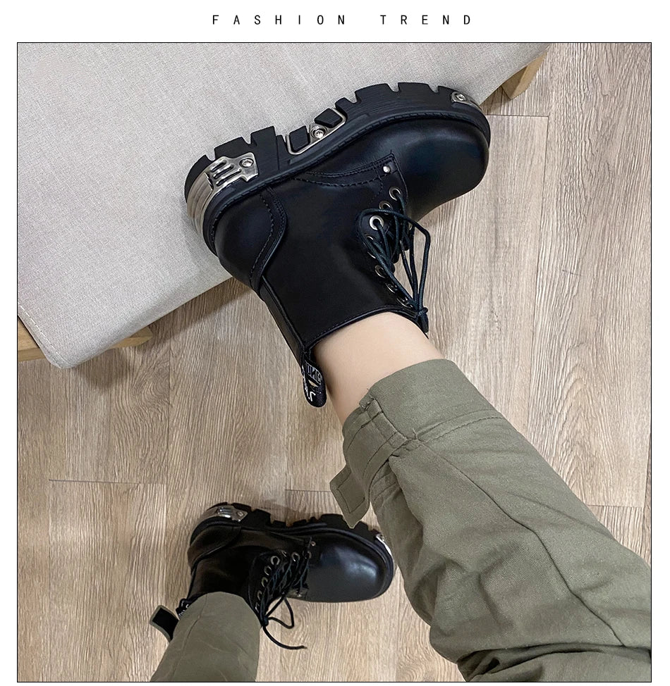 Gdgydh Darkness Punk Style Platform Women Ankle Boots Chunky Heel Black Metal Decor Women's Motorcycle Boots Lace UP Top Quality