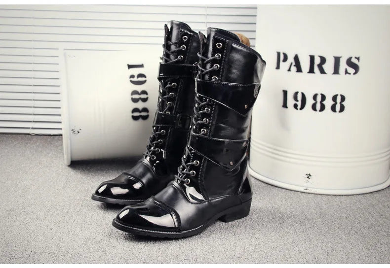 British style mens fashion party nightclub motorcycle boots black genuine leather shoes personality high boot long botas hombre