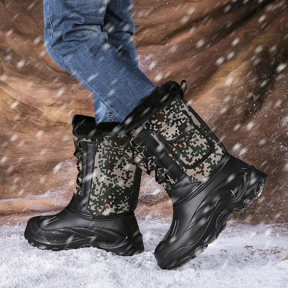 New Winter Camouflage Snow Men Boots Rain Shoes Outdoor Waterproof With Fur Plush Warm Male Casual Mid-Calf Work Motorcycle Boot
