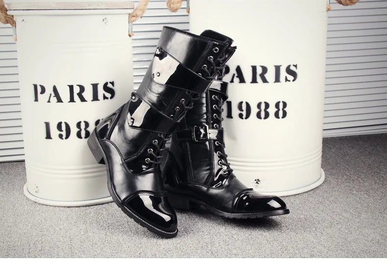 British style mens fashion party nightclub motorcycle boots black genuine leather shoes personality high boot long botas hombre