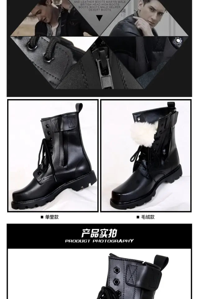 Steel Toe Men Boots Leather Safety Shoes for Men Spring Fashion Lace Up Black Ankle Platform Motorcycle Boots