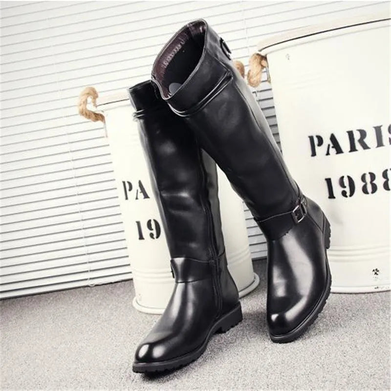 Leather Boots Fur High Top Casual Shoes Men Male Boots over the knee Botas Brand Motorcycle Boots