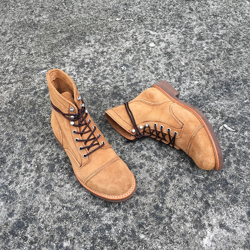 Autumn Winter New Designer Vintage Genuine Leather wings Men Shoes Goodyear Welted red Men Ankle Boots Work Motorcycle Boots