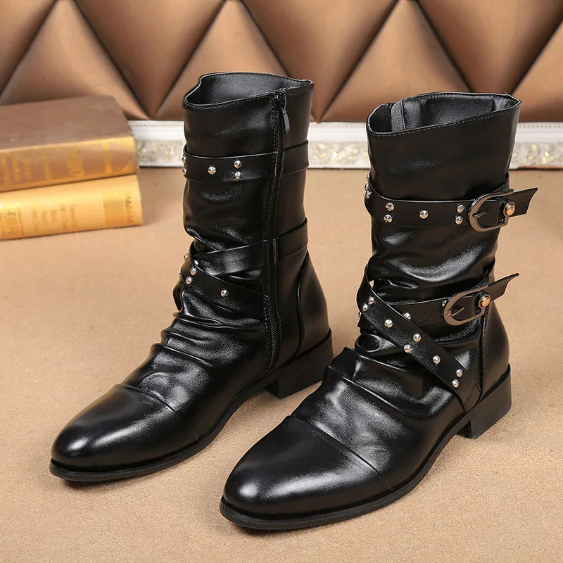 mens casual steampunk motorcycle mid-calf long boots buckle cow leather shoes youth high boot outdoors botas militares sapatos