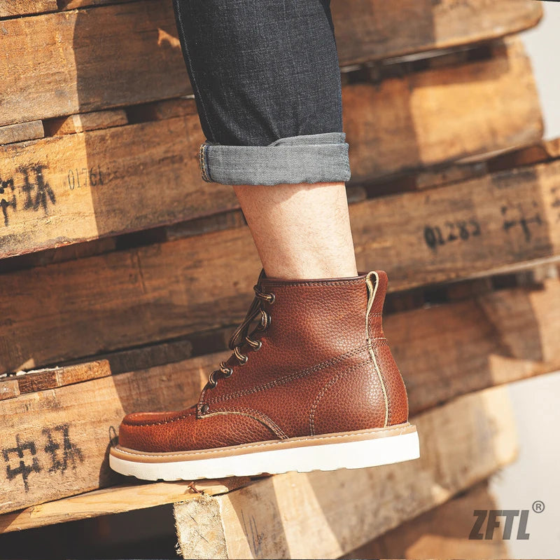 ZFTL Men's Boots Cowhide Thick-soled boots retro British Outdoor Tooling shoes Ankle Boots Male Casual Lace up boots 2025