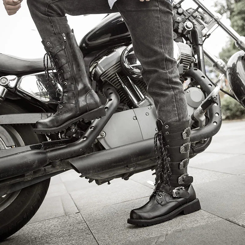 Men's PU Leather Motorcycle Boots High Over the Knee  Boots Gothic Belt Punk Boots Men Shoes Boot