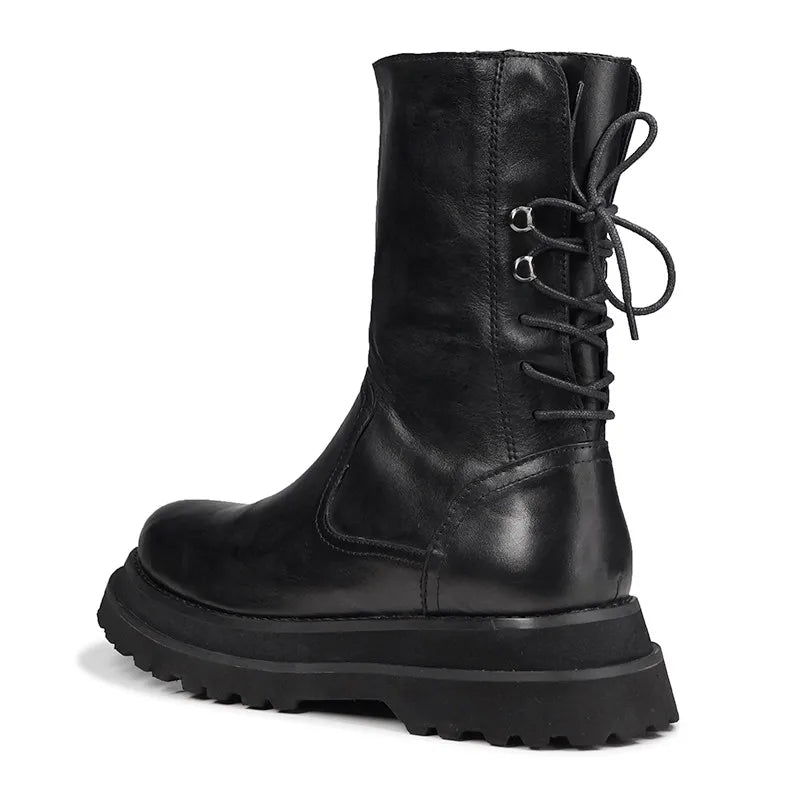 Gothic Mens Thick Platform Mid Calf Boots High Top Lace Up Genuine Leather Motorcycle Boots Zipper Punk Knight Boots Biker Shoes