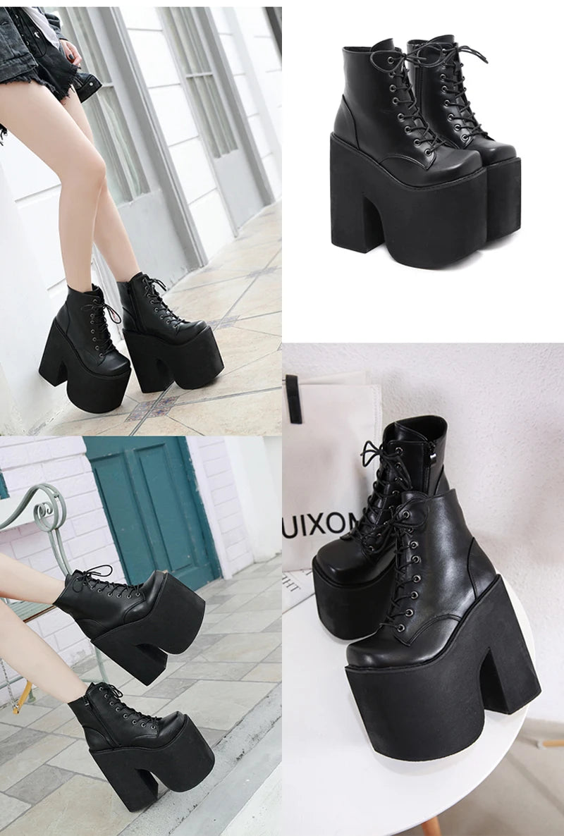 17cm Boots For Women Fashion Black Ankle Boots Punk Style Autumn Cosplay Shoes High Heels Goth Platform Boots Bottes Femme