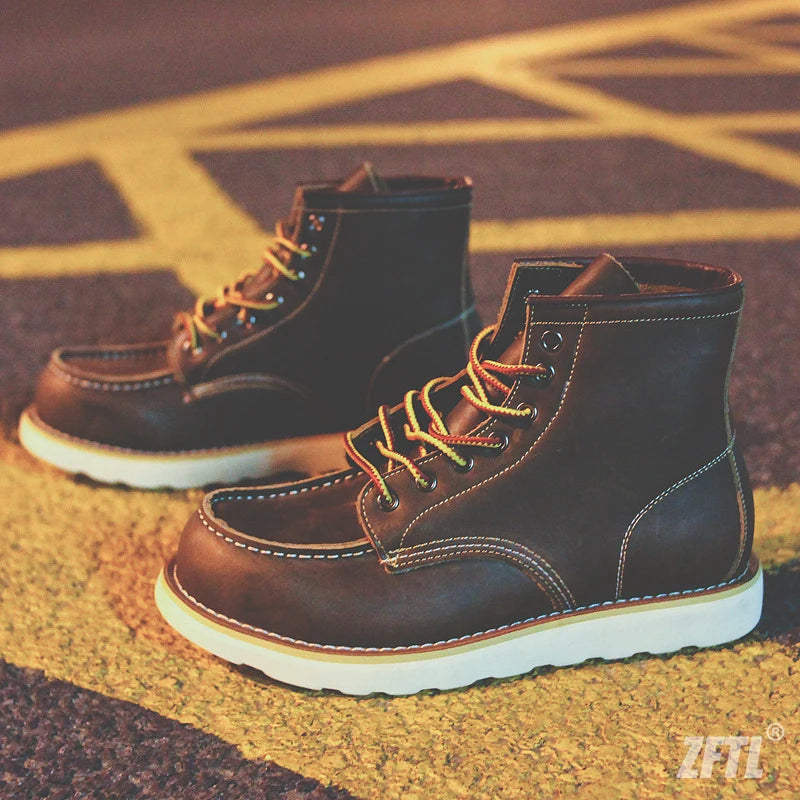 ZFTL Men's Ankle Boots American retro tooling boots Casual Crazy Horse Leather Men's Boots Vintage Man Lace up Boots 2025