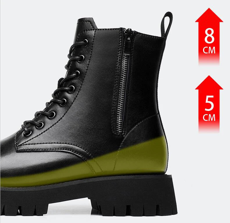 Men's Height Increasing Boots - 8CM Hidden Heel Leather Ankle Boots with Zipper | Elevator Shoes (Botas Masculino)