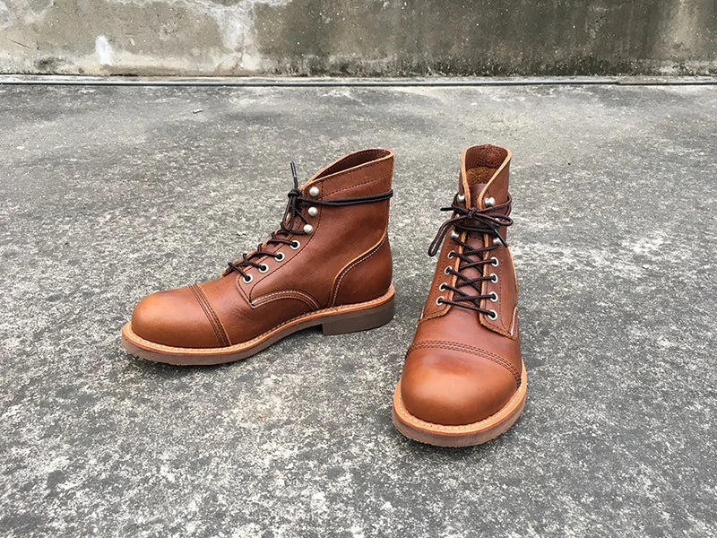 Autumn Winter New Designer Vintage Genuine Leather wings Men Shoes Goodyear Welted red Men Ankle Boots Work Motorcycle Boots
