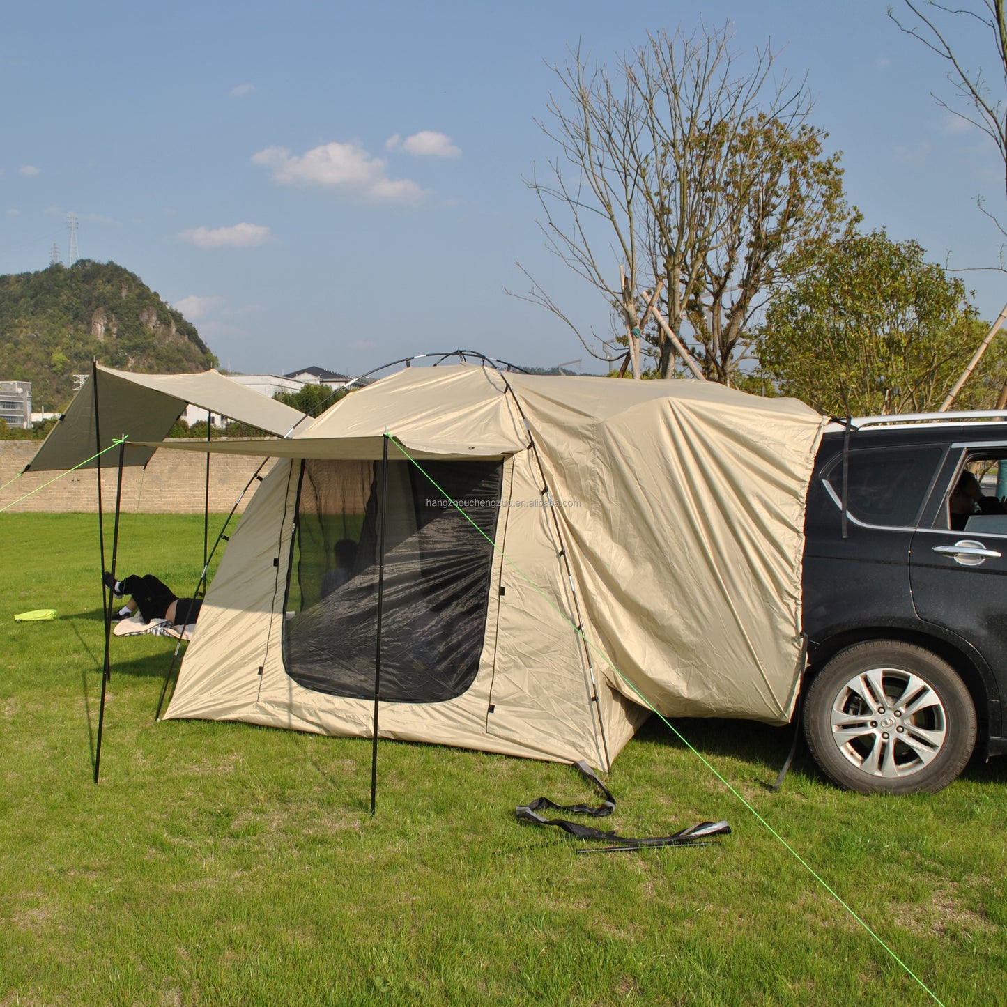 Car Rear Tent with Large Awning, Rear Tailgate Tents with Floor, 4 Person Family Camping, PU4000 Waterproof Fabric