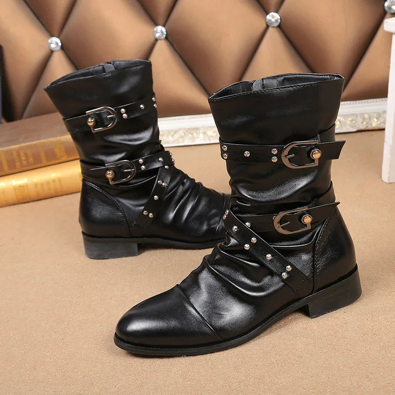 mens casual steampunk motorcycle mid-calf long boots buckle cow leather shoes youth high boot outdoors botas militares sapatos