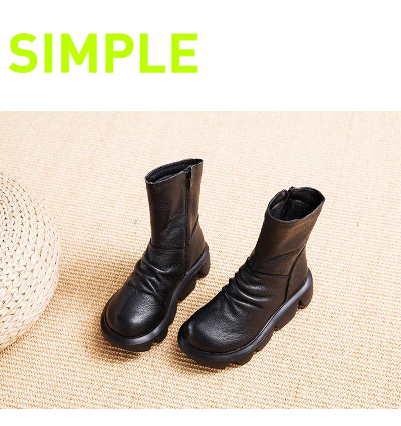 BEYARNE Ankle Boots Women Genuine Cow Leather Platform Bootie Side Zipper Soft Comfortable Autumn Winter Ladies Shoes Handmade