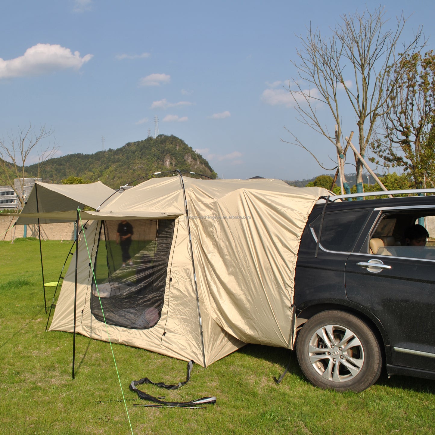 Car Rear Tent with Large Awning, Rear Tailgate Tents with Floor, 4 Person Family Camping, PU4000 Waterproof Fabric