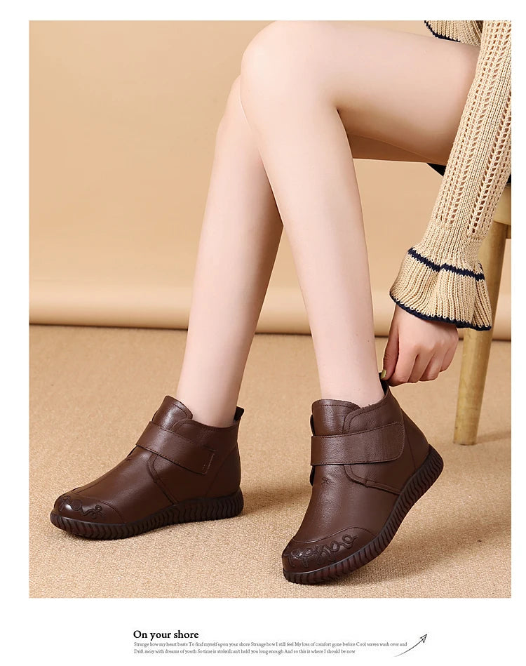2024 New Women's Real Leather Ankle Boots Thick Bottom Plush Shoes Women Winter Warm Shoes Fashion Cool Footwear Size 35-41