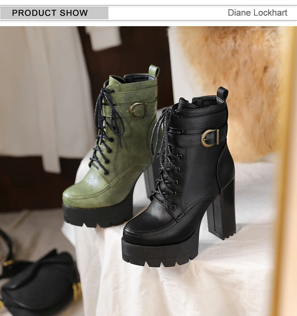 Black Platform Combat Ankle Boots For Women Round Toe Buckle Strap Woman Lace Up Shoes Winter Biker Boot Motorcycle Bottes 41 42