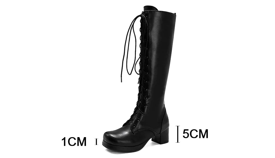 Gdgydh 2022 Autumn Lace-Up Women Motorcycle Boots Square To Low Heels Knee High Boots Winter Female Footwear Plus Large Size