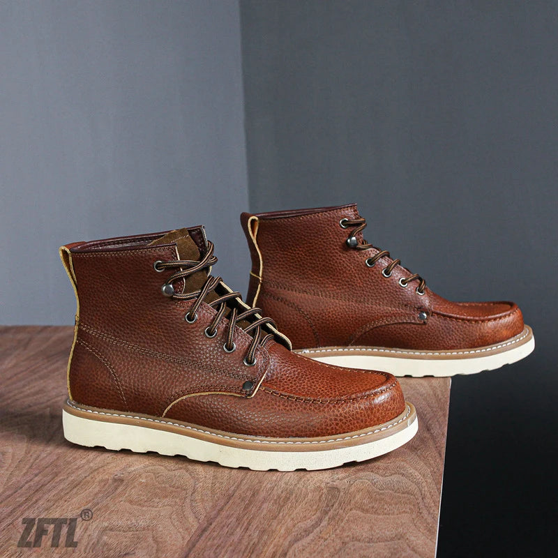 ZFTL Men's Boots Cowhide Thick-soled boots retro British Outdoor Tooling shoes Ankle Boots Male Casual Lace up boots 2025