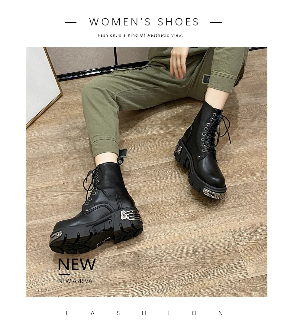 Gdgydh Darkness Punk Style Platform Women Ankle Boots Chunky Heel Black Metal Decor Women's Motorcycle Boots Lace UP Top Quality