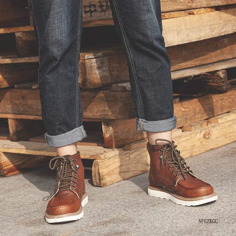 Handmade Men Boots Vintage Casual Autumn Winter Cow Leather Shoes British Ankle Boots Wings Motorcycle Boots Zapatos Hombre